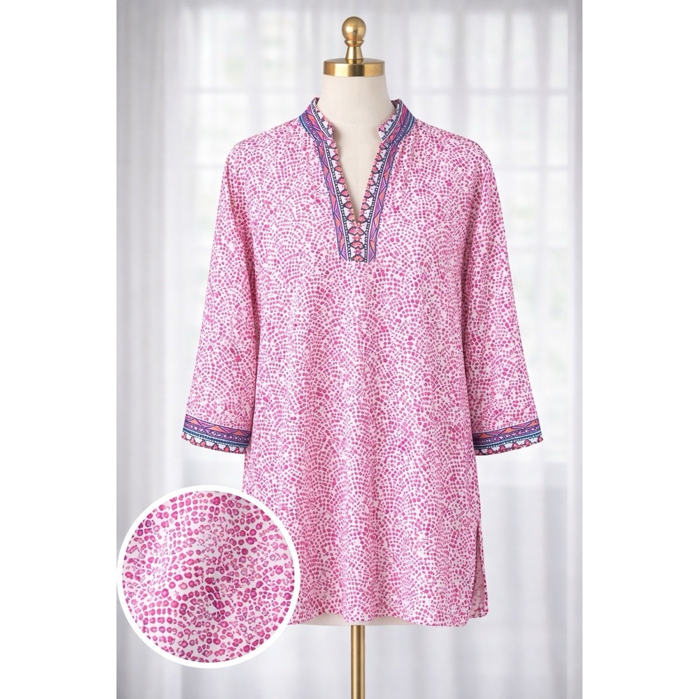 Foxcroft Appleseed's Wrinkle Free Pink Print Cotton Popover Top V Neck Size 14P